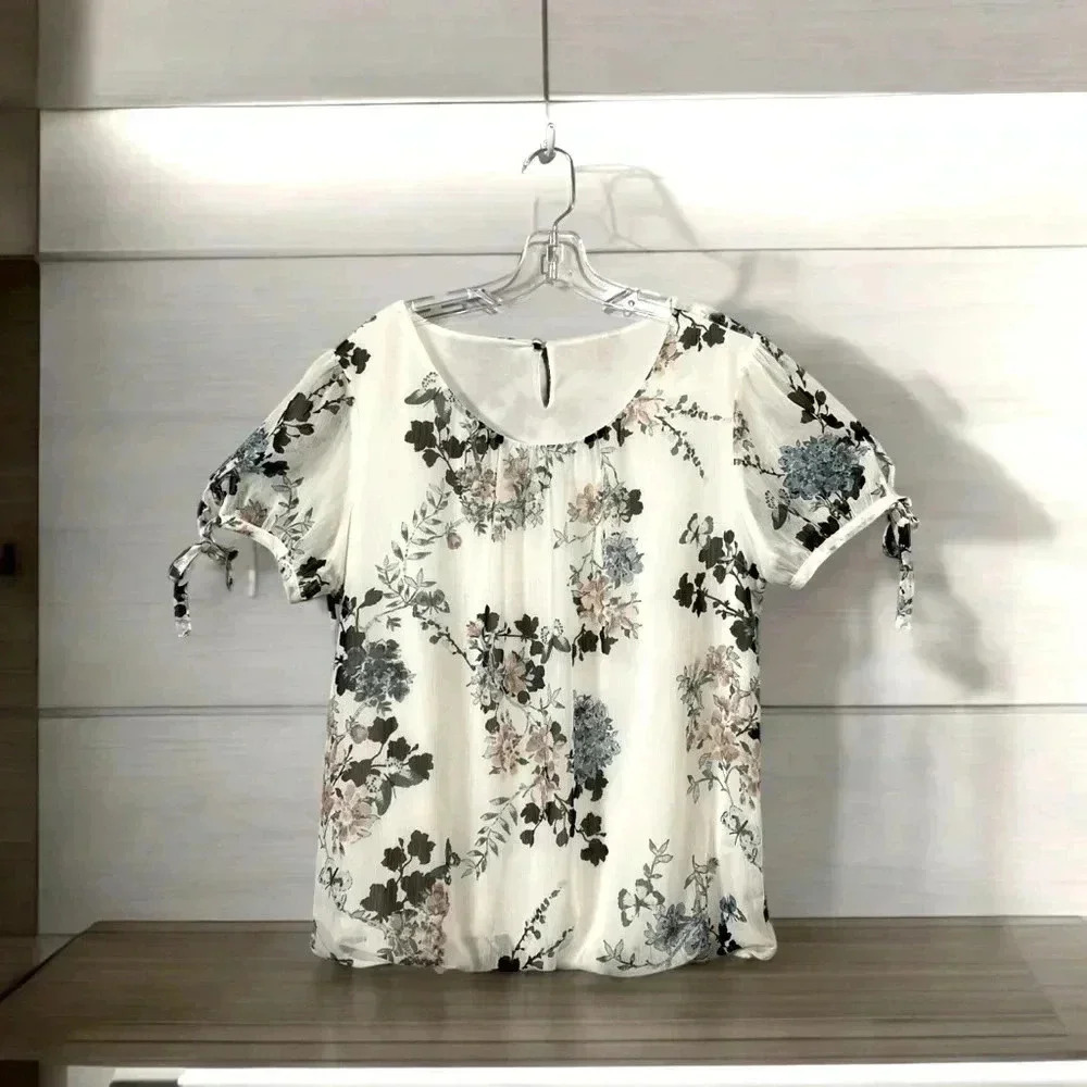 Fenomenon, Floral Print Tie-Sleeve Blouse In  Pastel Tones, Large, White 🎀